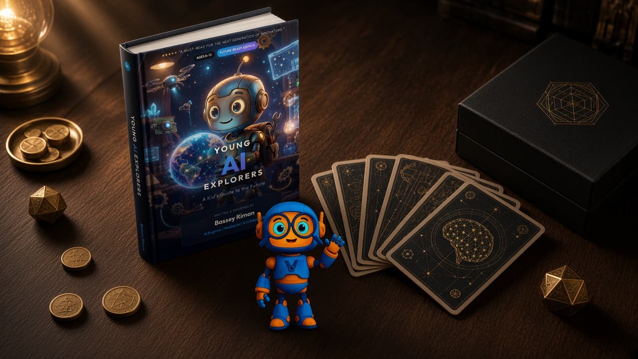 Young AI Explorers book, Vision Vee, and AI Quest cards on walnut