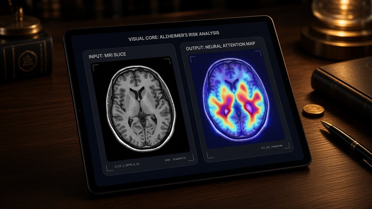 AlzDetect on a tablet on a walnut desk — MRI slice beside a neural attention map
