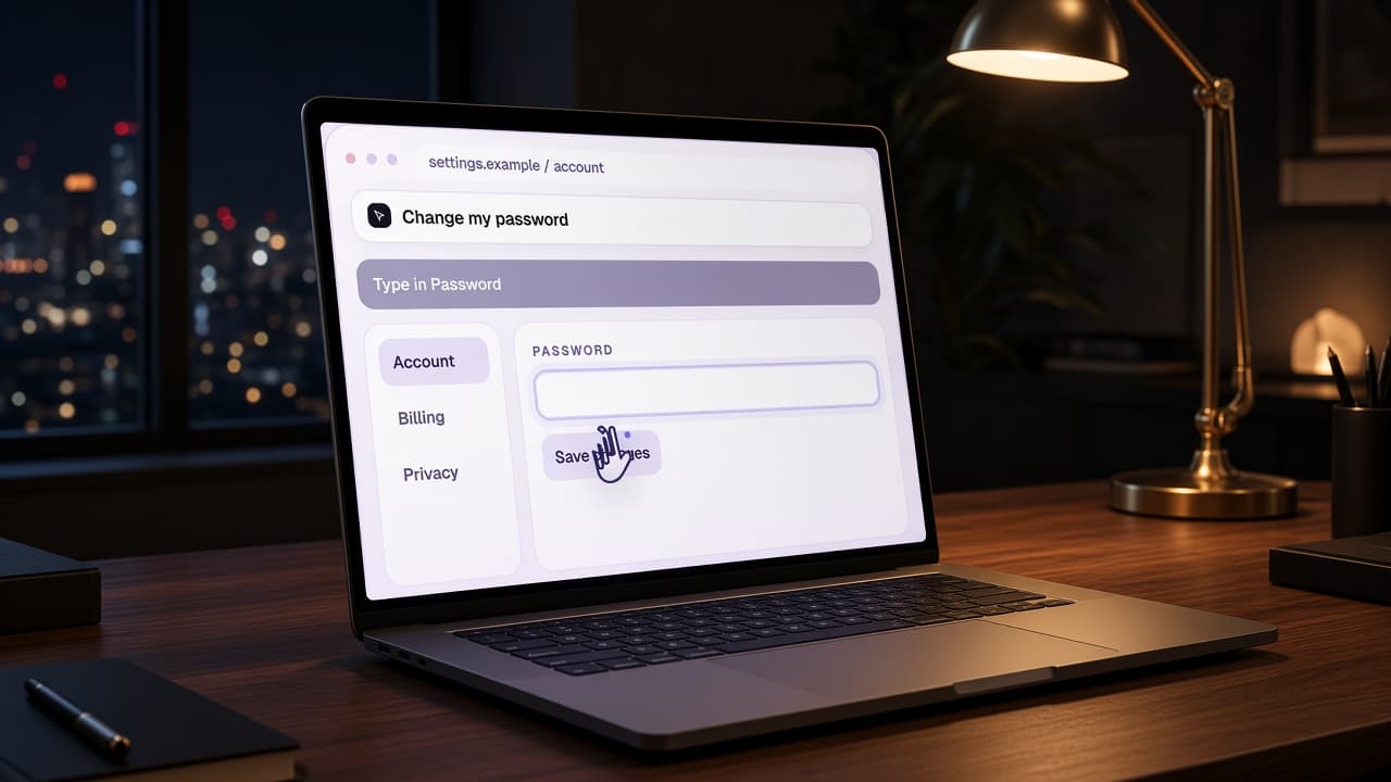 Pointly on a laptop in a dark study — pointing at Save on a live page