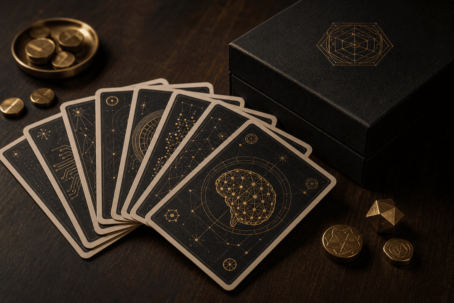 AI Quest Engineer Edition — gold-lined cards and box on walnut