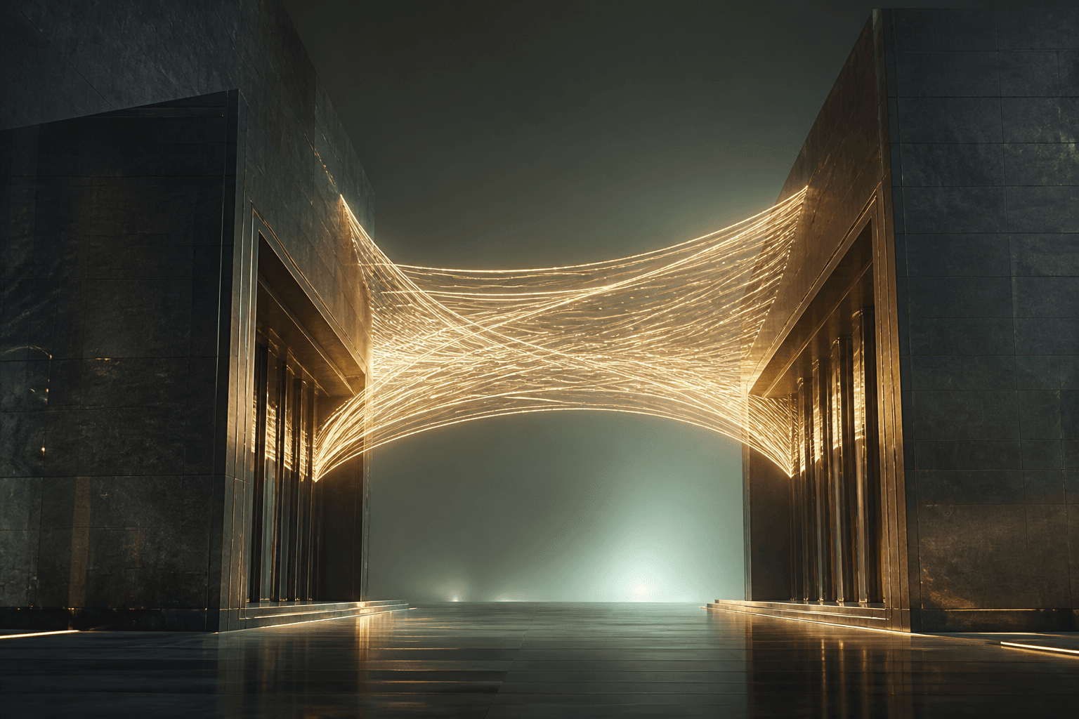 Two dark stone volumes connected by a champagne-gold bridge of light filaments