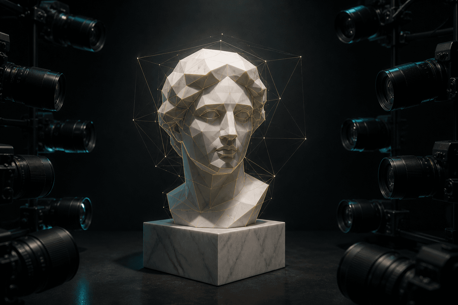A classical marble bust studied by an array of black lenses with gold contour lines in the air