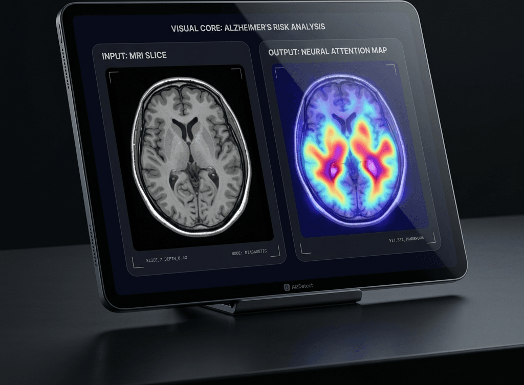 AlzDetect brain MRI analysis interface with classification results